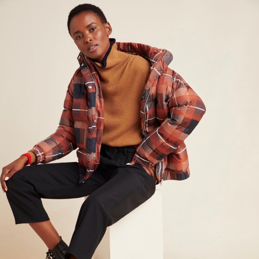 Anthropologie plaid puffer coat S sparks